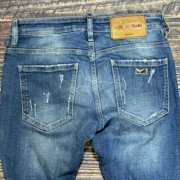 7th Heaven London Men's Medium Wash Distressed Denim Jeans Size 30x33 Button Fly - Picture 13 of 14